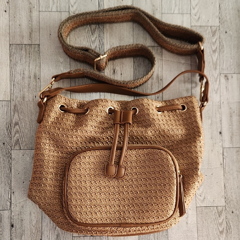 Tan Woven Leather Shoulder Bag with Metal Accents